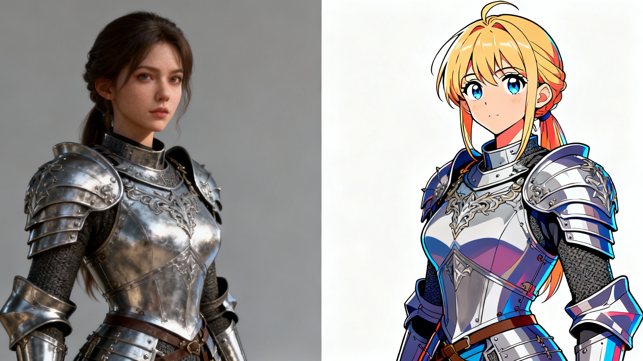 A split-image comparing two art styles. The left side shows a realistic 3D render of a female knight, and the right side shows the same knight drawn in a colorful anime style, demonstrating a 3D to anime conversion.