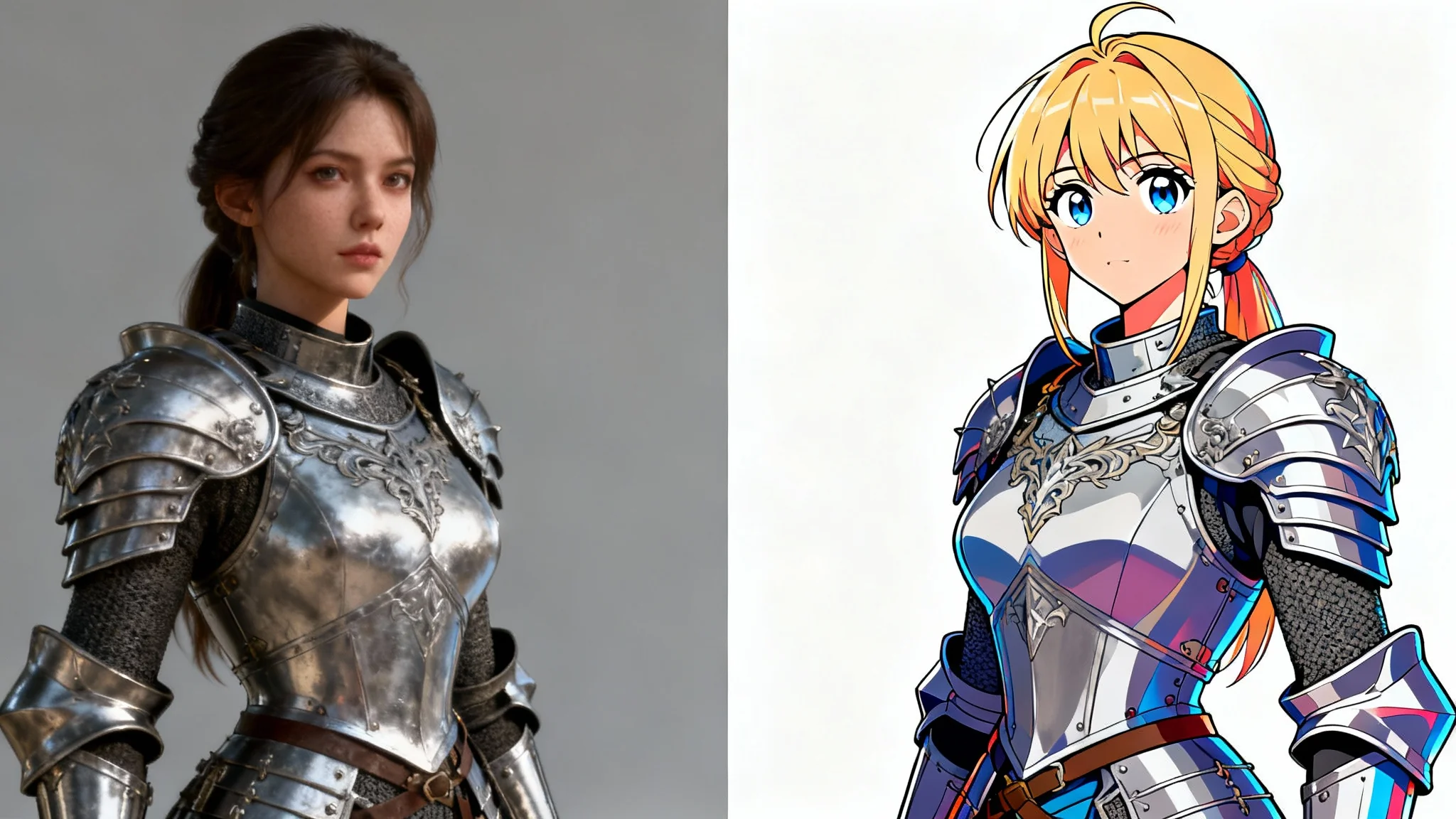 A split-image comparing two art styles. The left side shows a realistic 3D render of a female knight, and the right side shows the same knight drawn in a colorful anime style, demonstrating a 3D to anime conversion.