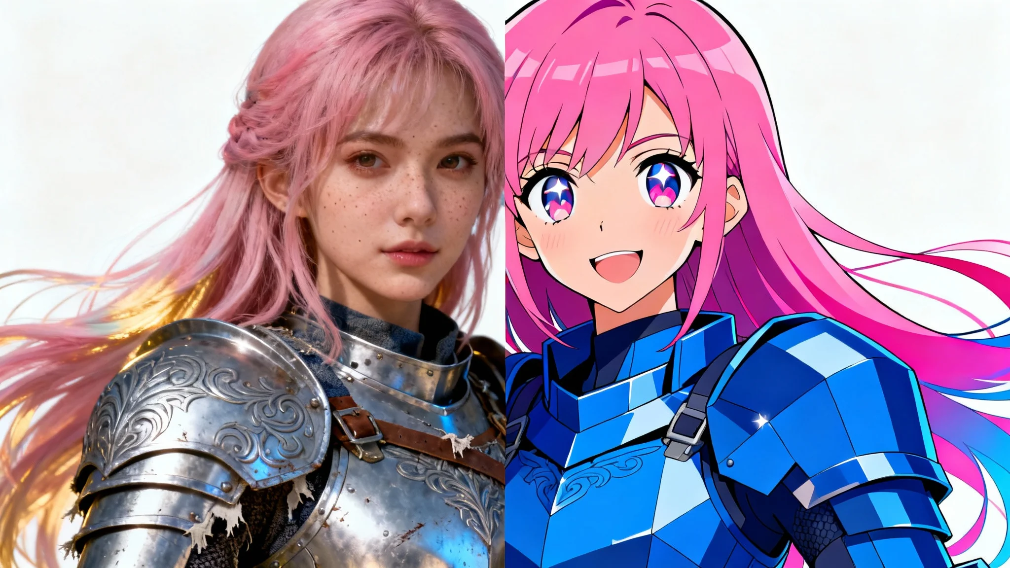 A split-screen image showing a character's transformation. The left side displays a hyper-realistic 3D render of a female knight, while the right side shows the same knight in a vibrant anime style.