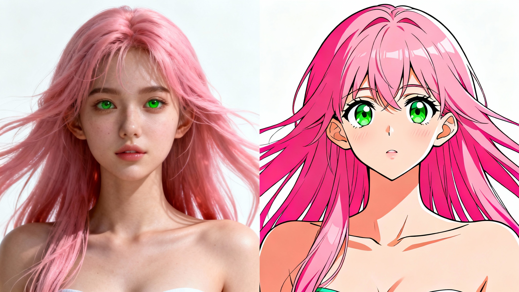 A split image showing the same female character in two styles: on the left, a photorealistic 3D render, and on the right, a colorful Japanese anime style, illustrating an artistic transformation.