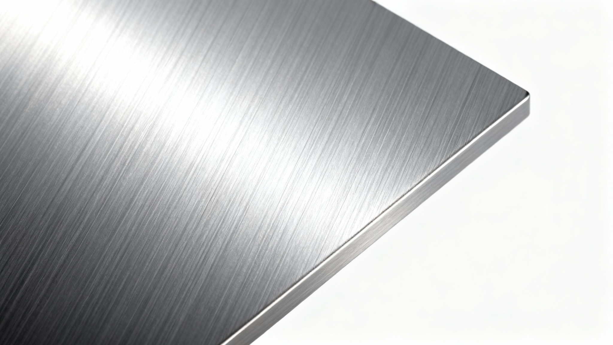 A detailed close-up shot of a brushed aluminum texture, with fine horizontal lines catching the light to create a sleek, metallic sheen against a white background.