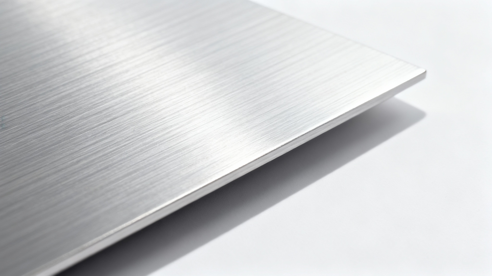 A close-up, high-resolution image of a brushed aluminum surface, with fine horizontal lines and a metallic silver sheen under soft lighting against a white background.