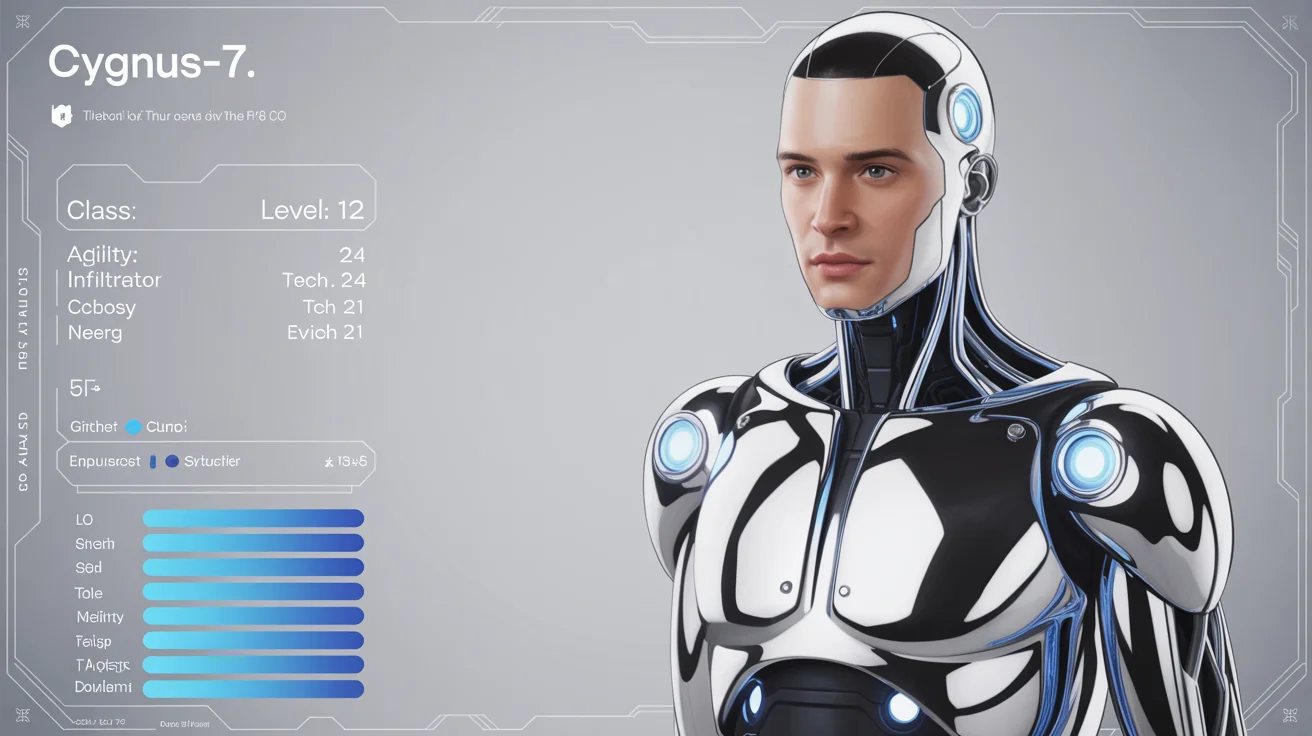 A finished digital character sheet for a sci-fi role-playing game, featuring an illustration of a cyborg and sections for stats and abilities, all in a polished, futuristic design.