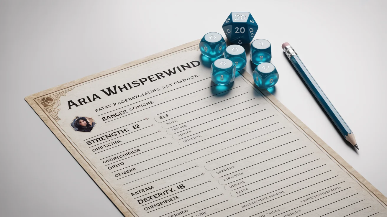 A detailed fantasy character sheet for a Ranger named Aria Whisperwind, laid out on a white background with a set of blue polyhedral dice and a mechanical pencil, showcasing a tool for creating role-playing game characters.