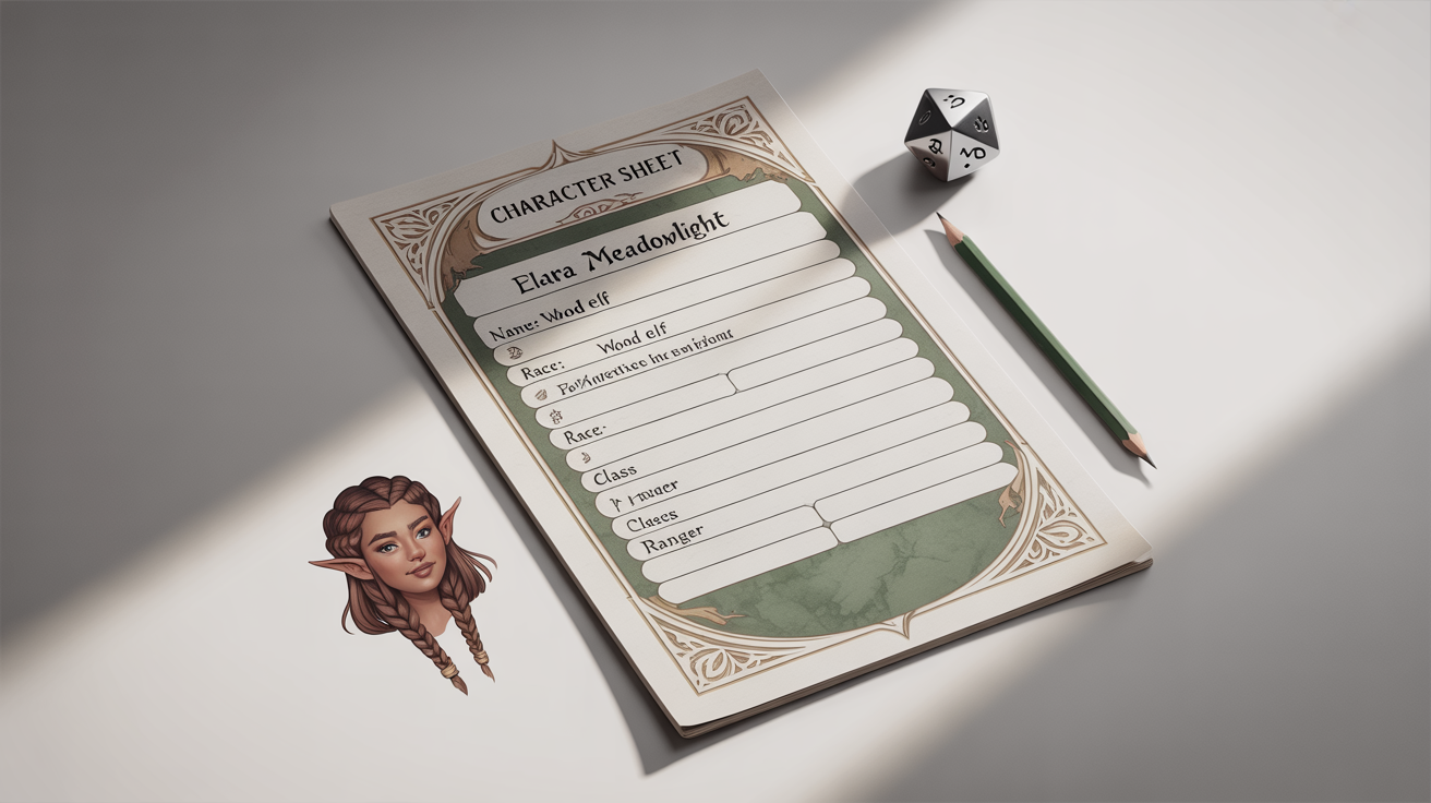 A professionally designed fantasy character sheet for a Wood Elf Ranger, displayed on a clean white background. The sheet features ornate borders and clear text, with a pencil and a D20 die placed next to it.