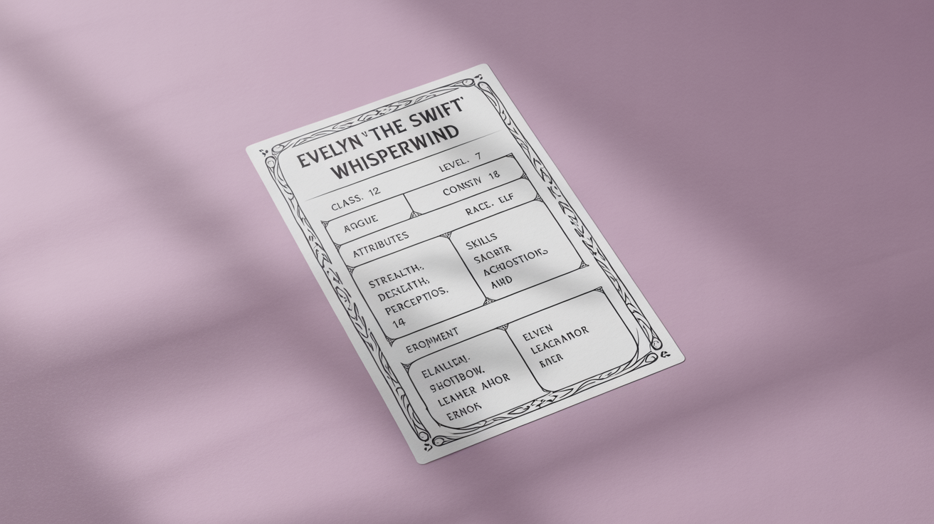 A professionally designed fantasy RPG character sheet for a Rogue character named Evelyn Whisperwind, laid flat on a white background.