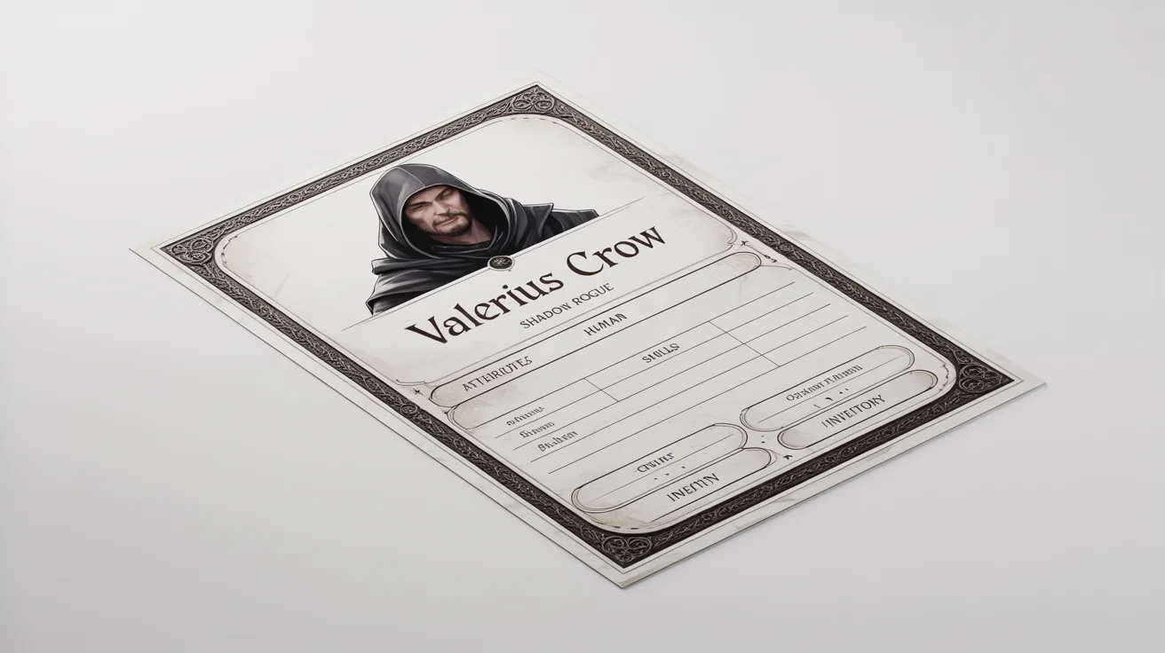 A professionally designed fantasy character sheet for a 'Shadow Rogue' named 'Valerius Crow', displayed in a flat lay on a clean white background.