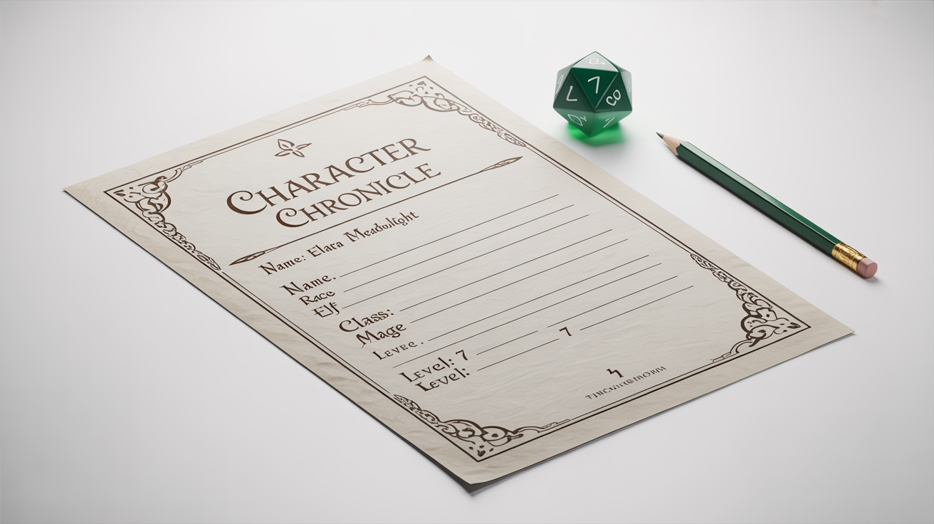 A professionally designed fantasy character sheet for an Elf Mage named 'Elara Meadowlight', laid flat on a white background with a green d20 die and a pencil next to it.