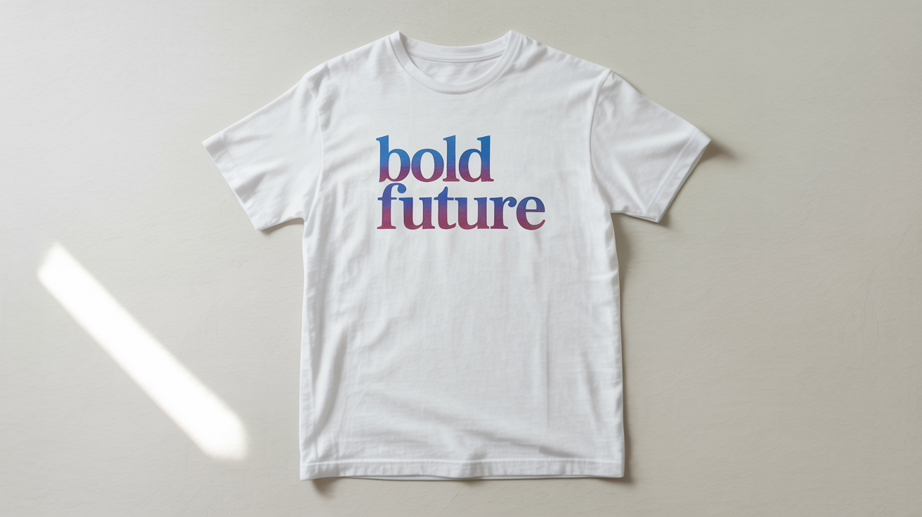 A professionally designed white t-shirt with the words 'BOLD FUTURE' printed in a vibrant blue and purple gradient, displayed on a clean background.