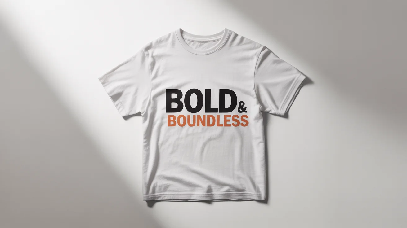 A neatly folded white t-shirt on a white background, featuring a typography design that reads 'BOLD & BOUNDLESS' in black and orange.