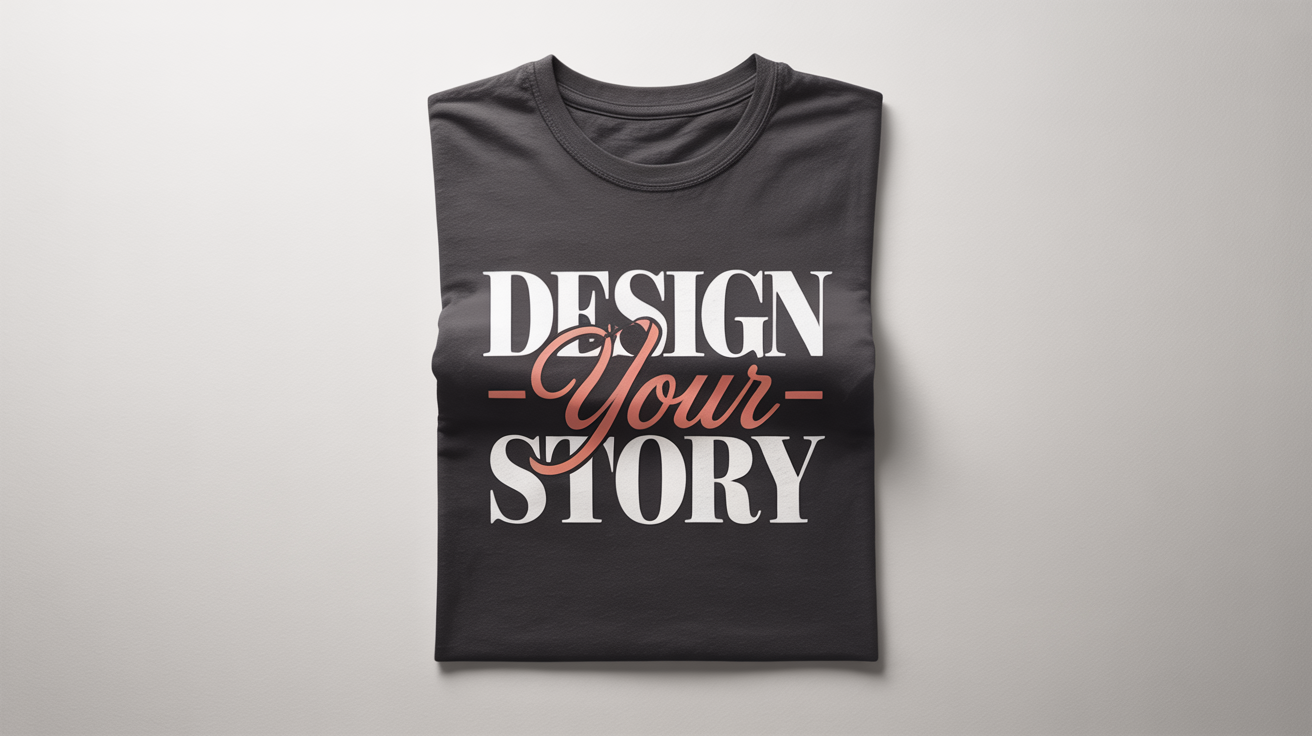 A flat-lay view of a neatly folded charcoal grey t-shirt on a white background. The shirt features a typography design that reads 'DESIGN YOUR STORY' in white and coral text.
