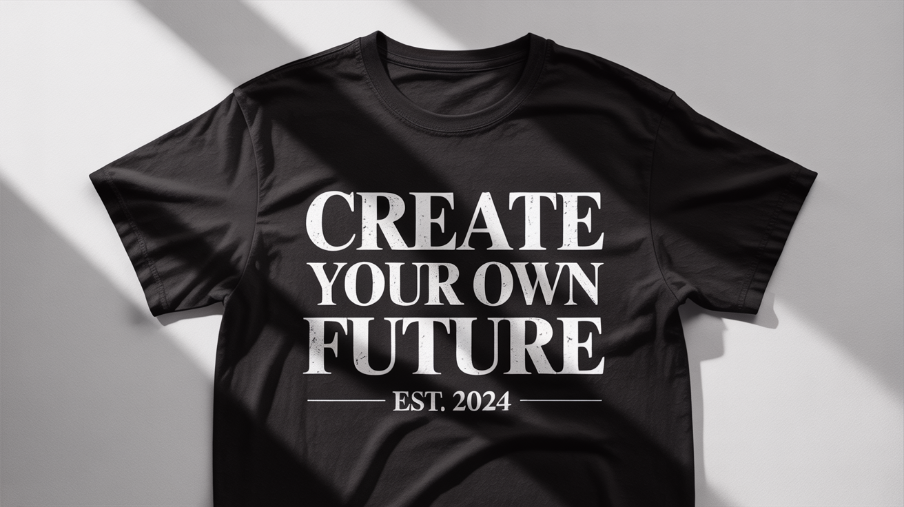A photorealistic mockup of a black t-shirt laid flat on a white background, with a white typographic design that reads 'CREATE YOUR OWN FUTURE'.