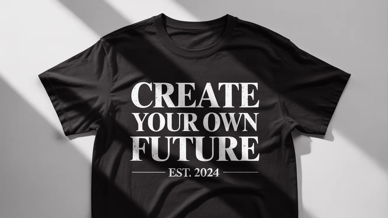 A photorealistic mockup of a black t-shirt laid flat on a white background, with a white typographic design that reads 'CREATE YOUR OWN FUTURE'.