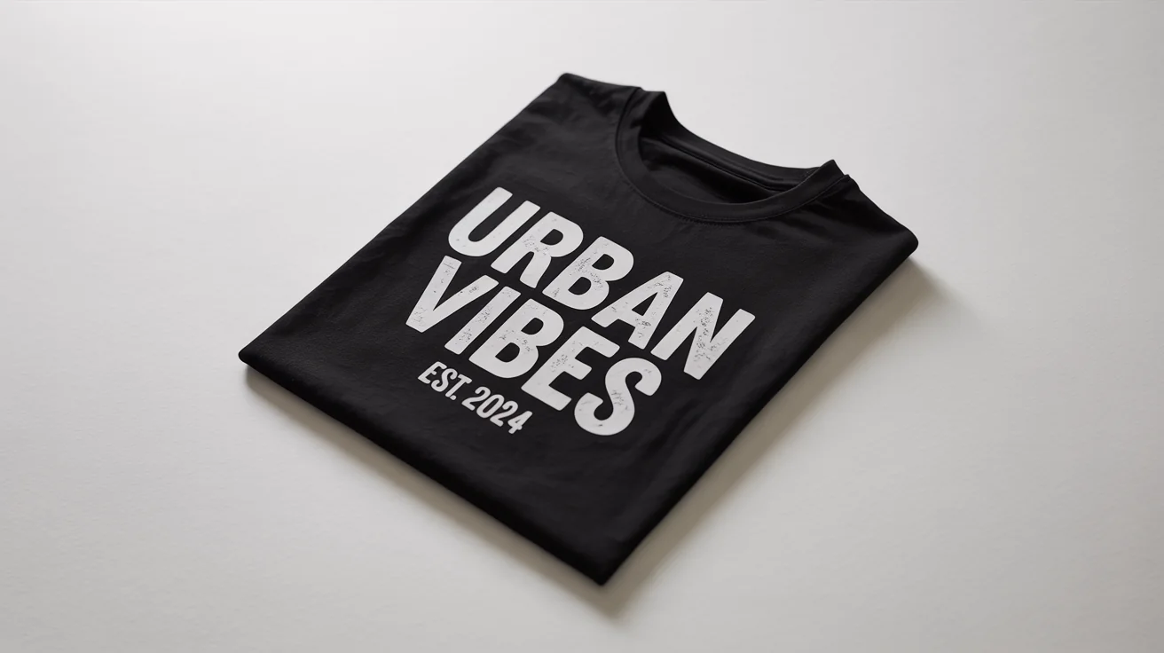 A flat lay photograph of a folded black t-shirt on a white background, featuring a white typographic design that says 'URBAN VIBES EST. 2024'.