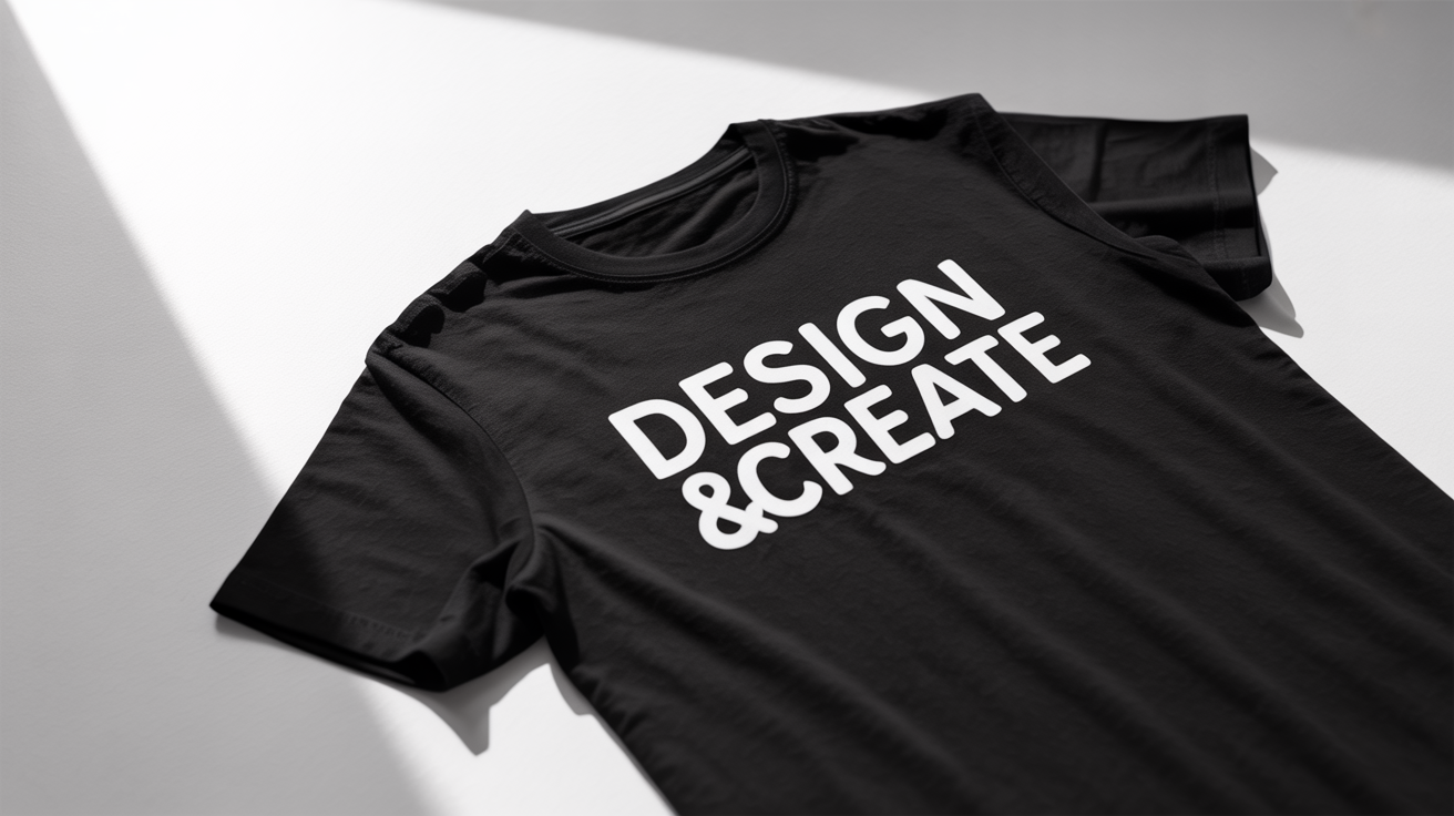 A black t-shirt with a white typography design that reads 'DESIGN & CREATE', shown in a flat-lay style on a white background.