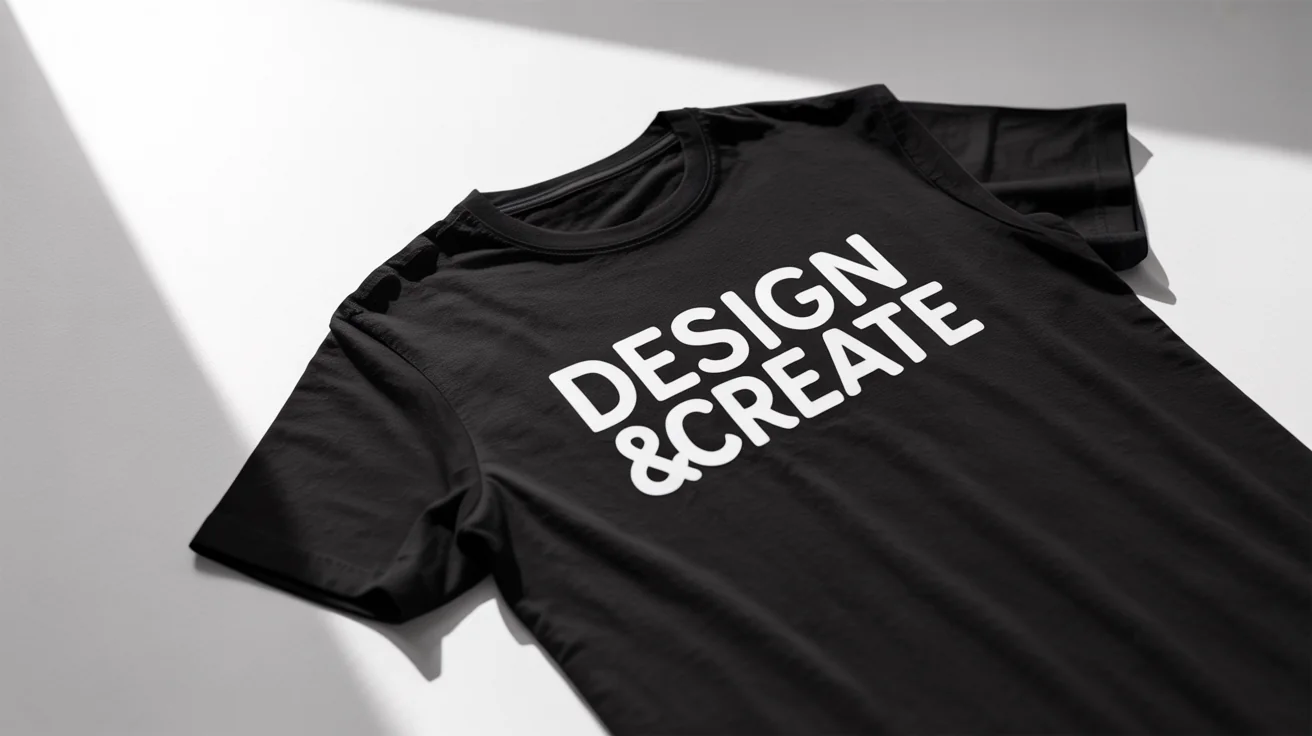 A black t-shirt with a white typography design that reads 'DESIGN & CREATE', shown in a flat-lay style on a white background.