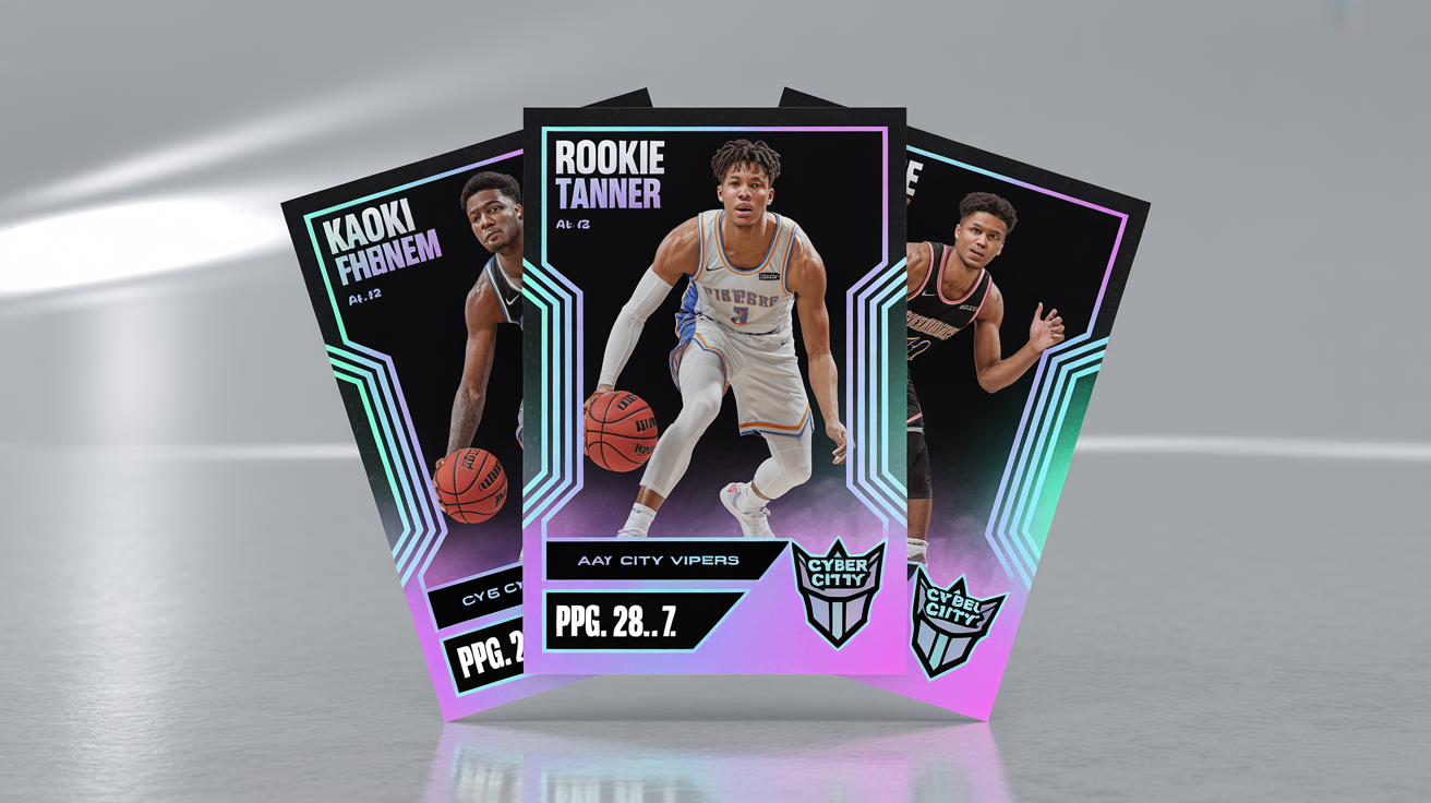 A hero image showing three professionally designed basketball trading cards fanned out. The central card features a player mid-dunk, with the name 'Kai Tanner' and 'Rookie Phenom' in bold text.