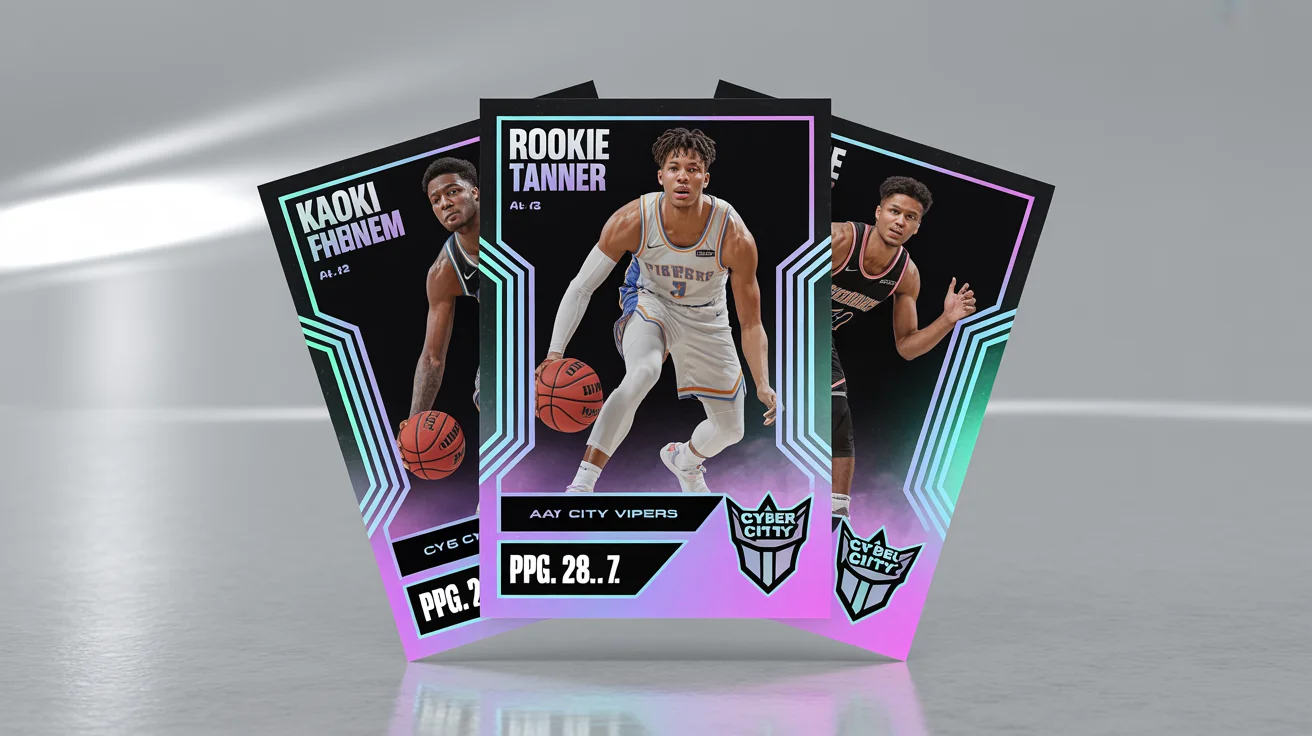 A hero image showing three professionally designed basketball trading cards fanned out. The central card features a player mid-dunk, with the name 'Kai Tanner' and 'Rookie Phenom' in bold text.