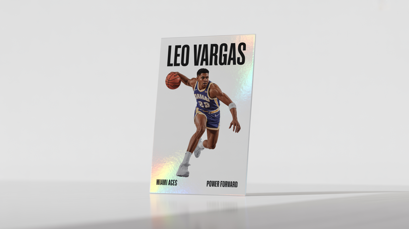 A professional mockup of a modern basketball trading card for a fictional player named Leo Vargas of the Miami Aces, displayed against a clean white background.