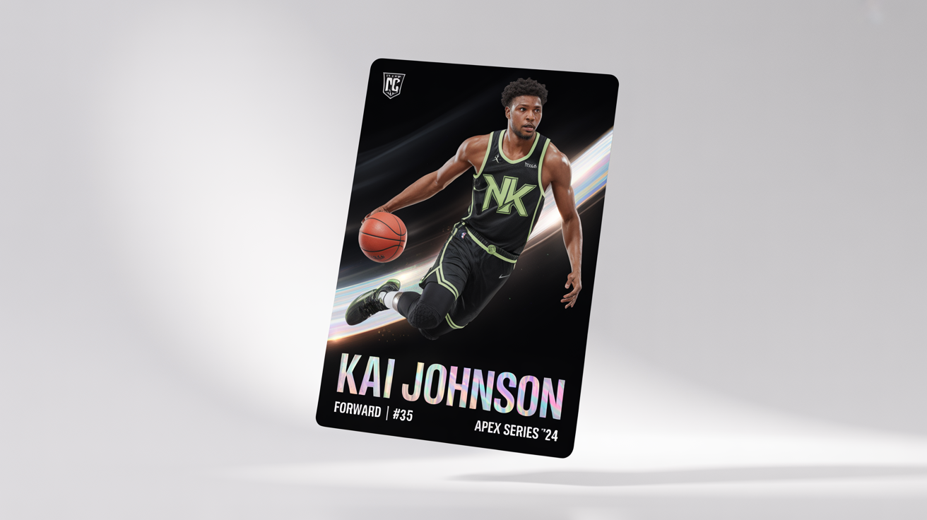 A professional mockup of a modern basketball trading card for a fictional player named 'Kai Johnson', featuring a glossy finish and holographic details, set against a clean white background.
