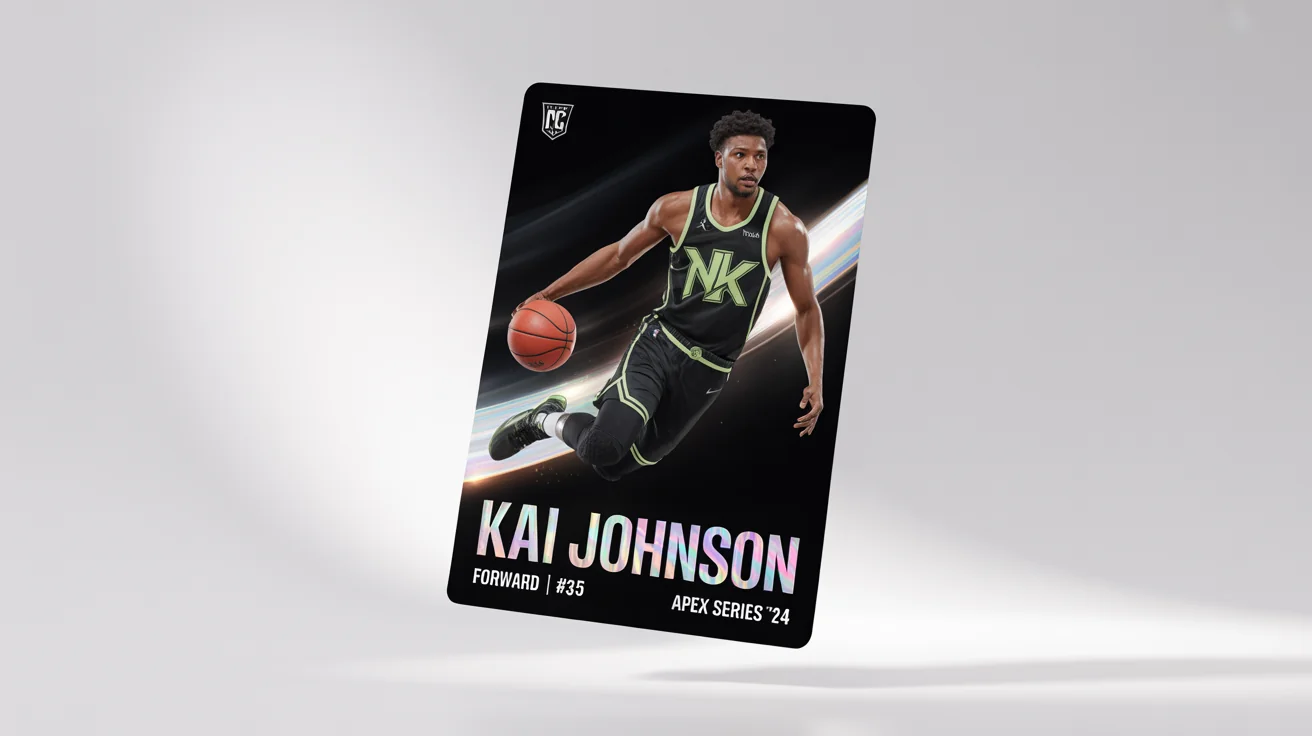 A professional mockup of a modern basketball trading card for a fictional player named 'Kai Johnson', featuring a glossy finish and holographic details, set against a clean white background.