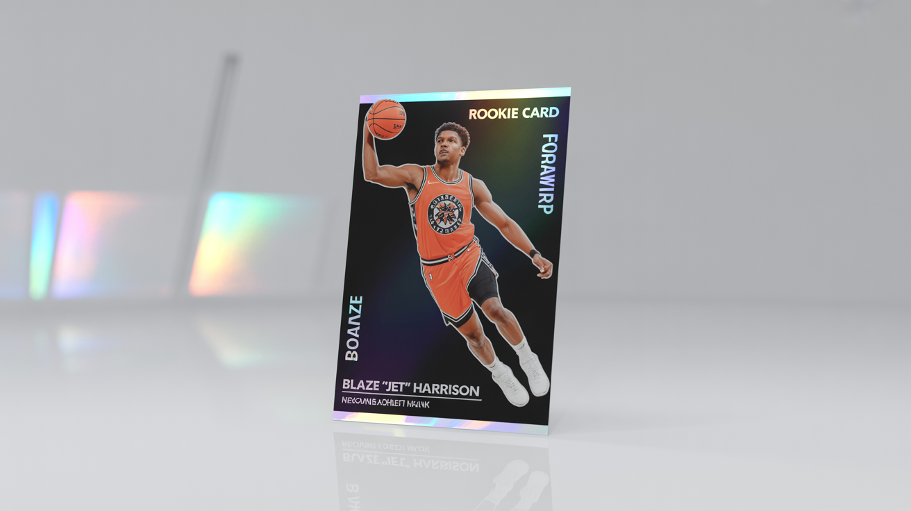 A mockup of a modern basketball trading card for a fictional rookie player named 'Blaze 'Jet' Harrison', featuring holographic details and displayed on a clean white background.