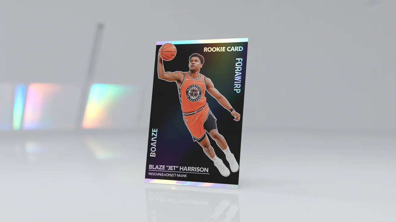 A mockup of a modern basketball trading card for a fictional rookie player named 'Blaze 'Jet' Harrison', featuring holographic details and displayed on a clean white background.