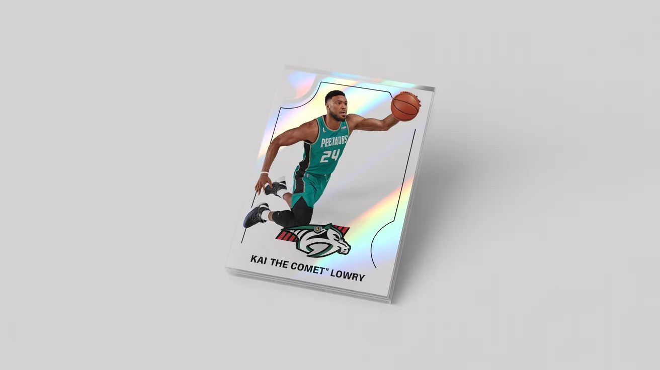 A photorealistic mockup of a modern basketball trading card for a fictional player named Kai 'The Comet' Lowry, floating against a solid white background.