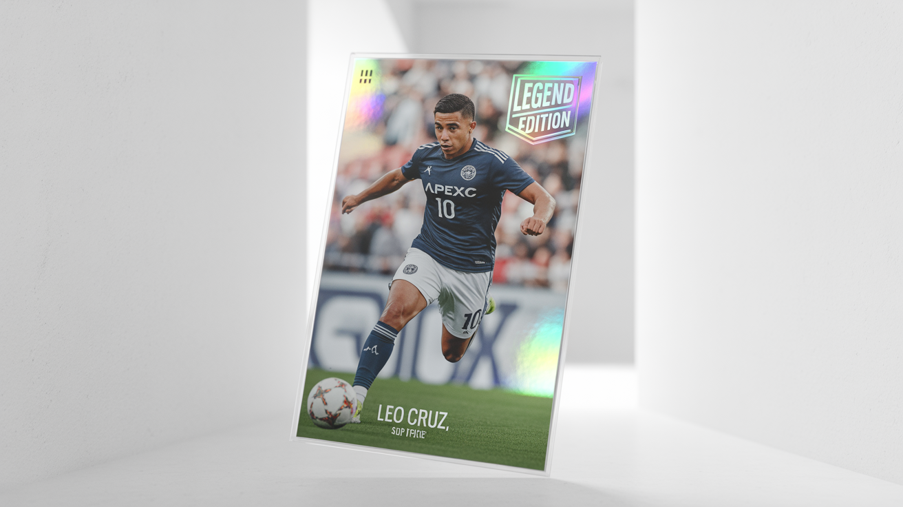 A mockup of a modern, holographic soccer trading card for a fictional player named 'Leo Cruz' of team 'Apex FC', set against a plain white background.