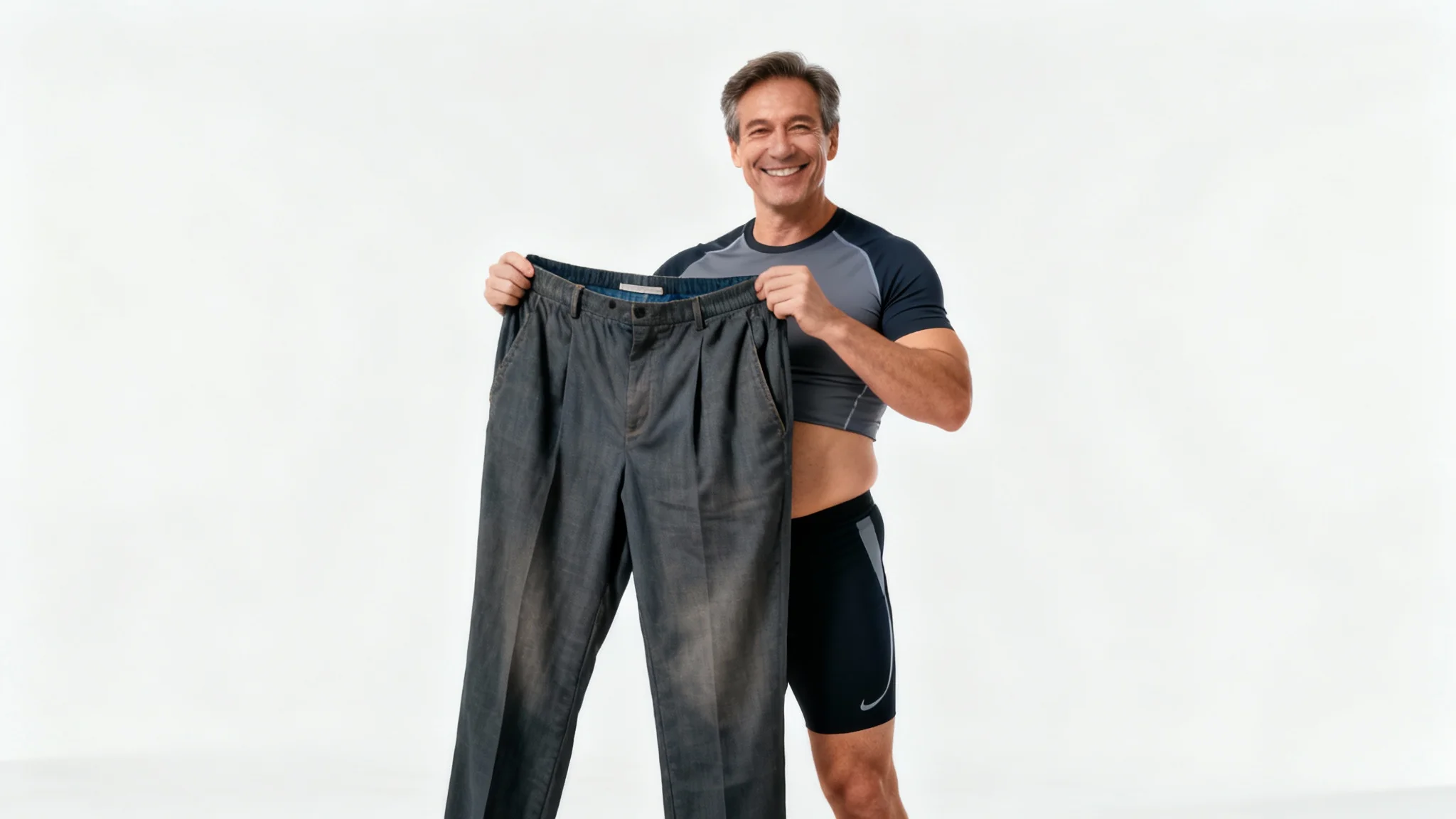 A smiling, fit man proudly holding up his old, oversized pants to demonstrate his successful weight loss, set against a clean white background.