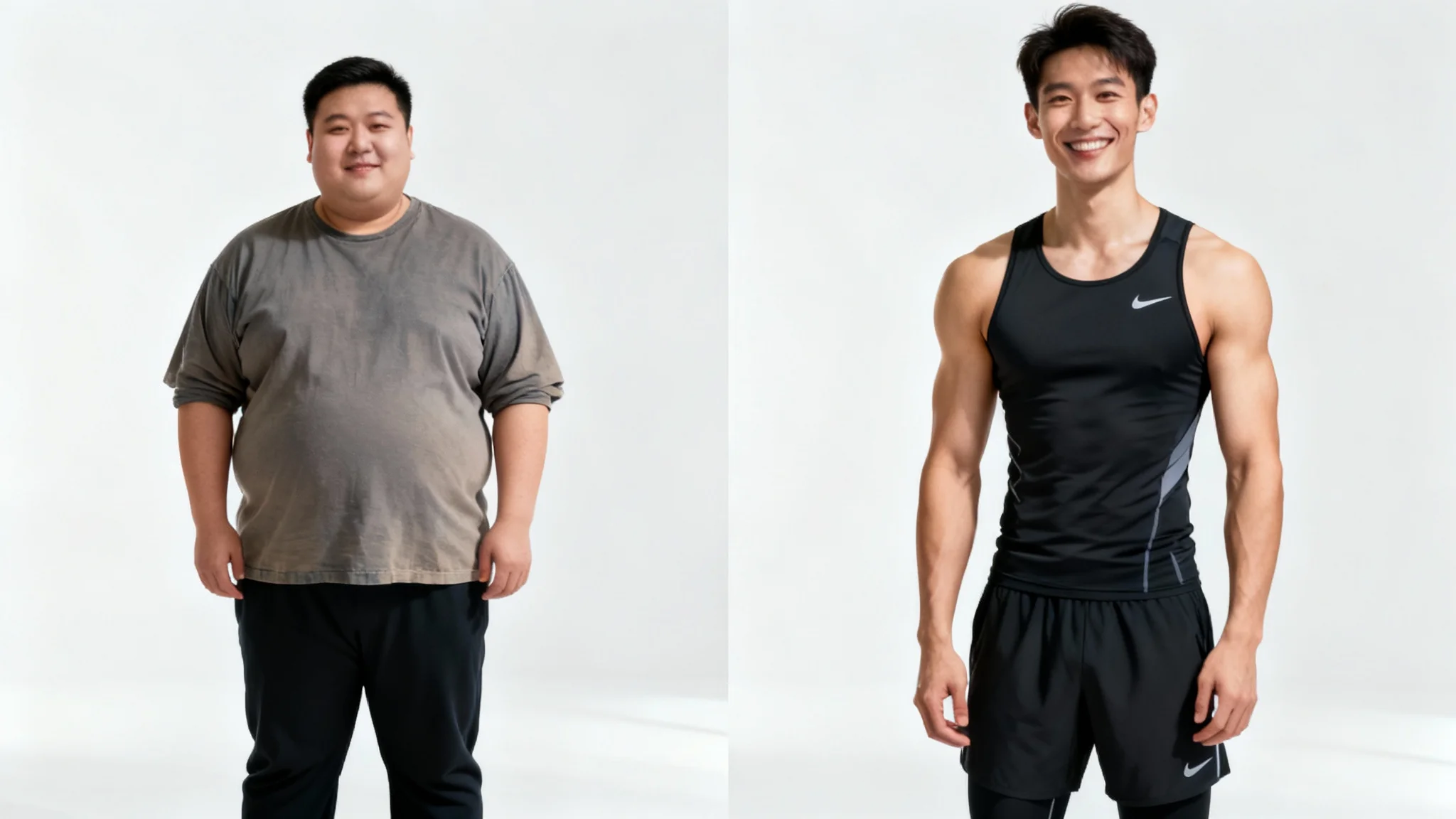 A before-and-after image of a man's weight loss journey. The left side shows him slightly overweight, and the right side shows him looking fit, toned, and confident against a white background.