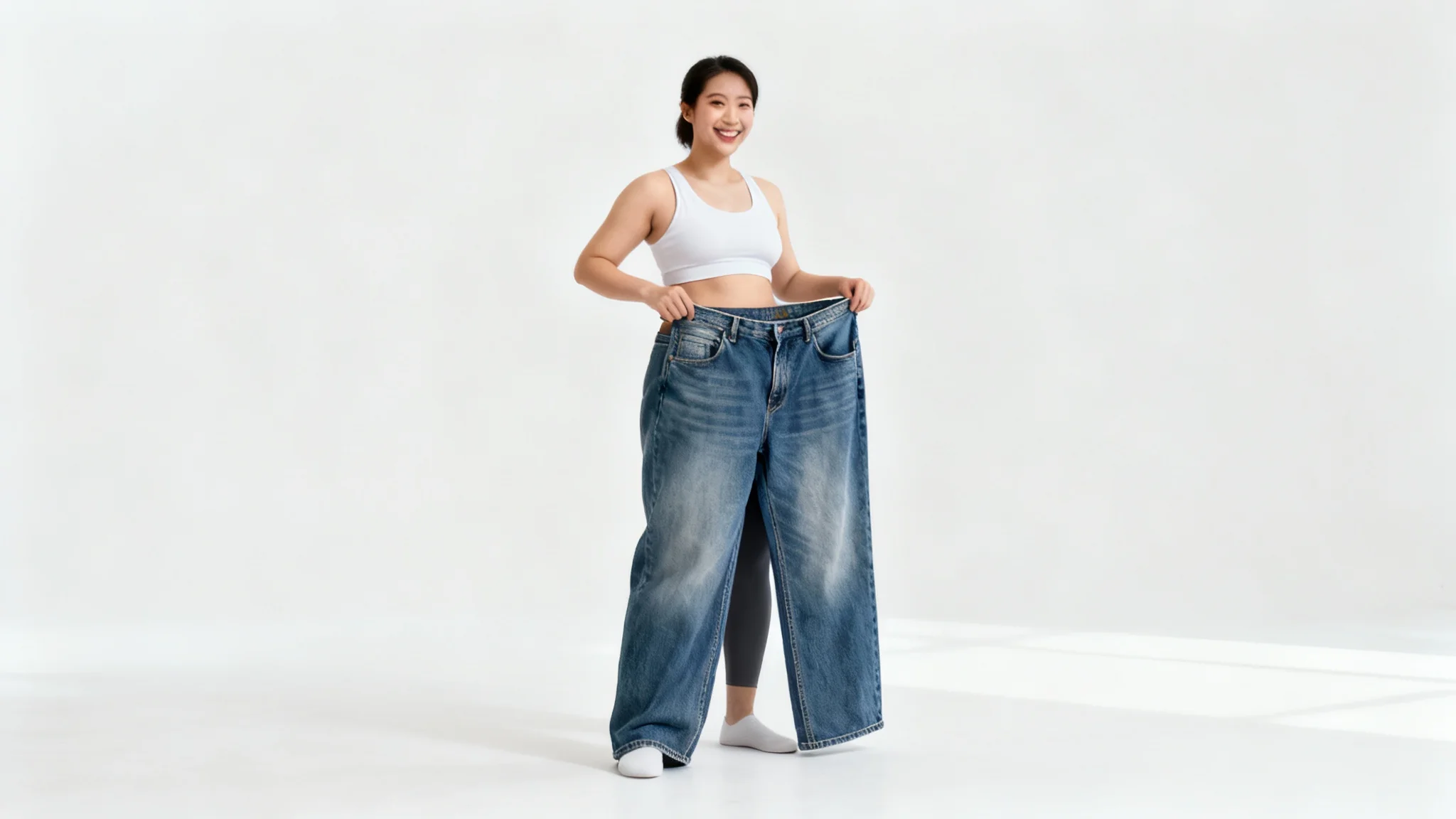 A happy and healthy person holding a pair of old, oversized jeans around their waist to show their successful weight loss, set against a clean white background.