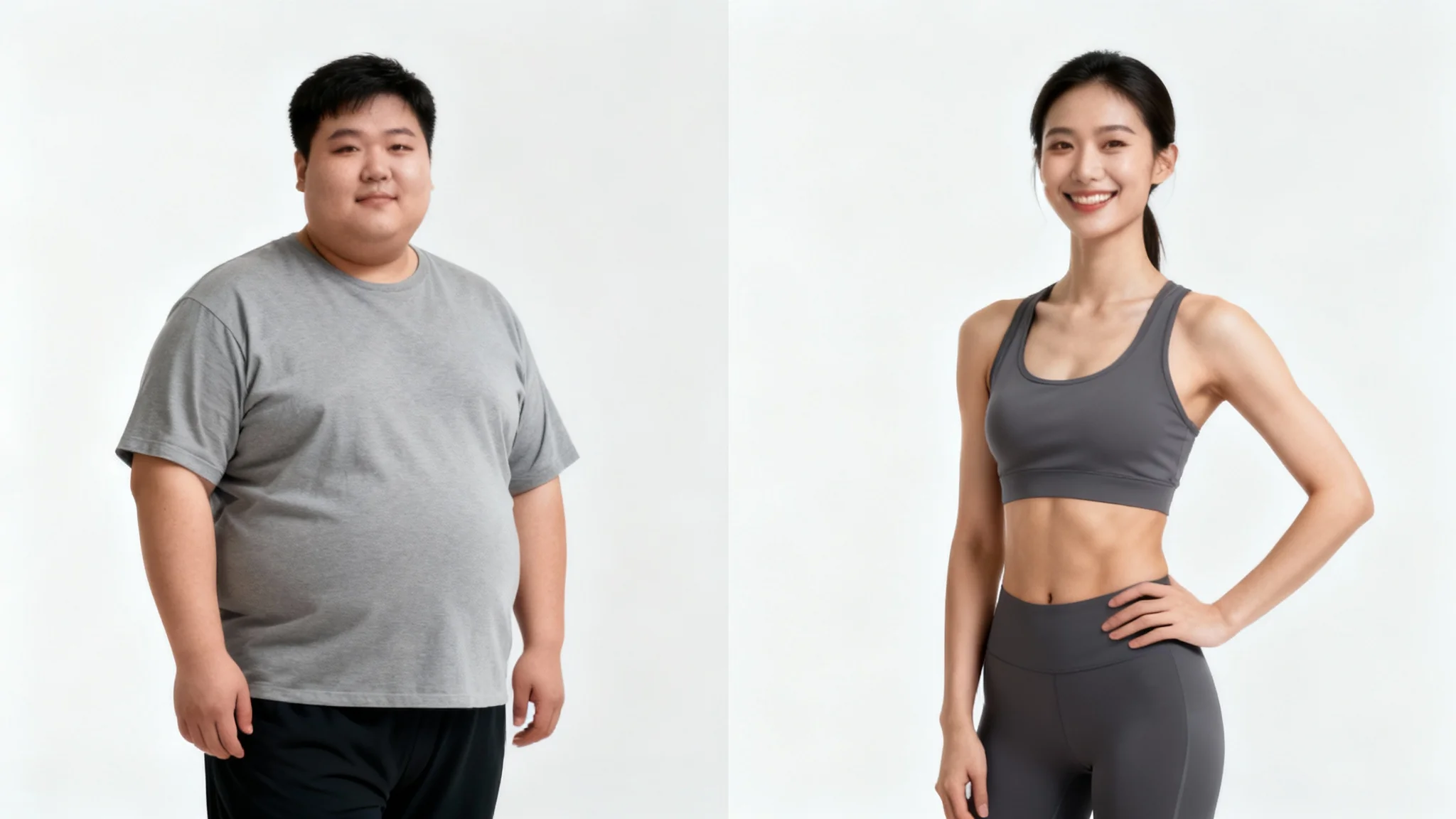 A photorealistic visualization of a person's weight loss journey, colesterol a before and after comparison in a single image against a white background, showing a clear improvement in health and confidence.
