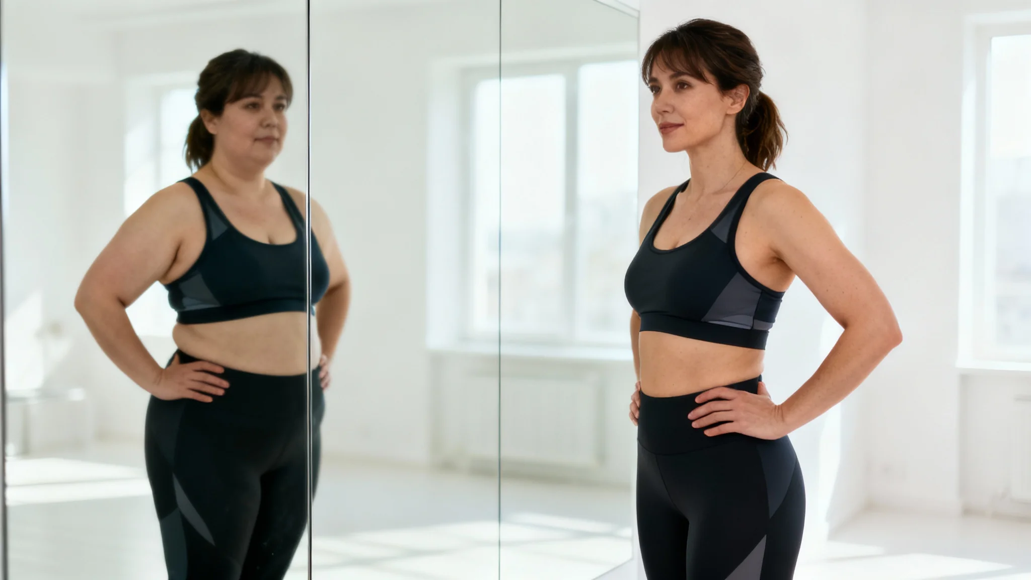 A fit woman in athletic wear looks into a mirror, but her reflection shows a heavier version of herself, symbolizing a successful weight loss journey.