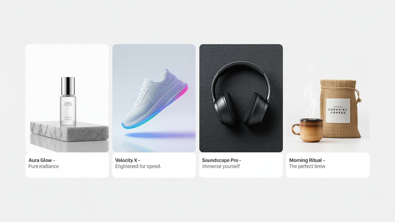 A collage of four different professional-looking product advertisements generated by an AI, showcasing ads for a skincare serum, running shoes, headphones, and coffee.