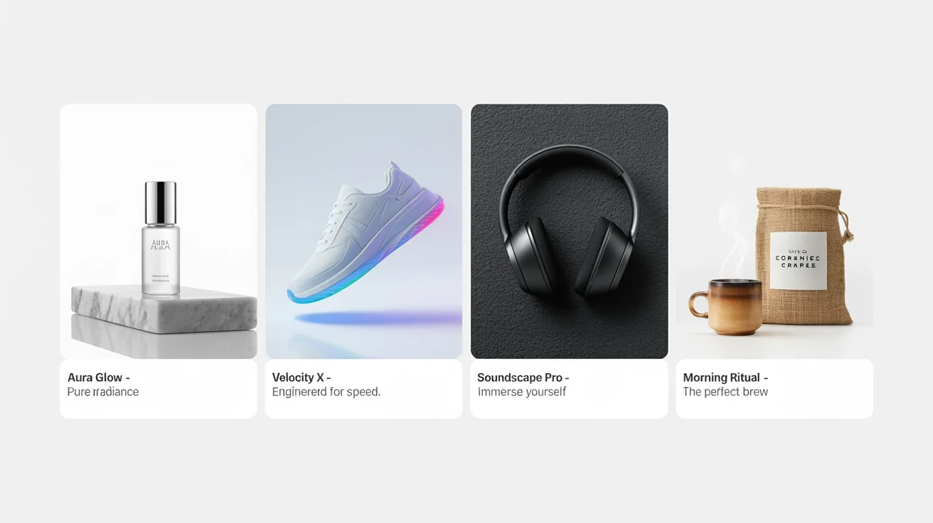 A collage of four different professional-looking product advertisements generated by an AI, showcasing ads for a skincare serum, running shoes, headphones, and coffee.