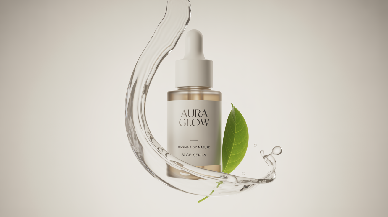 A professionally generated advertisement for a luxury face serum called 'AURA GLOW', showing the product bottle surrounded by splashes of water and a green leaf on a clean white background.
