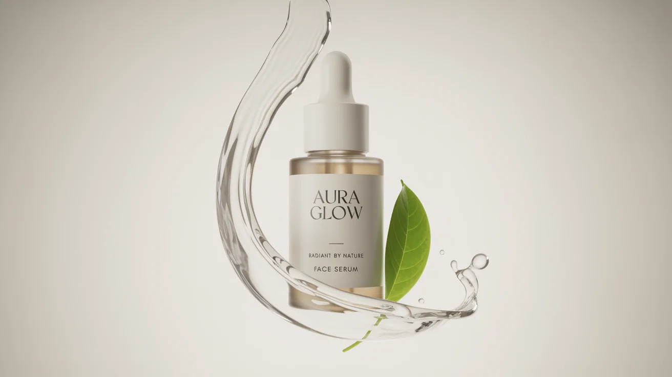 A professionally generated advertisement for a luxury face serum called 'AURA GLOW', showing the product bottle surrounded by splashes of water and a green leaf on a clean white background.