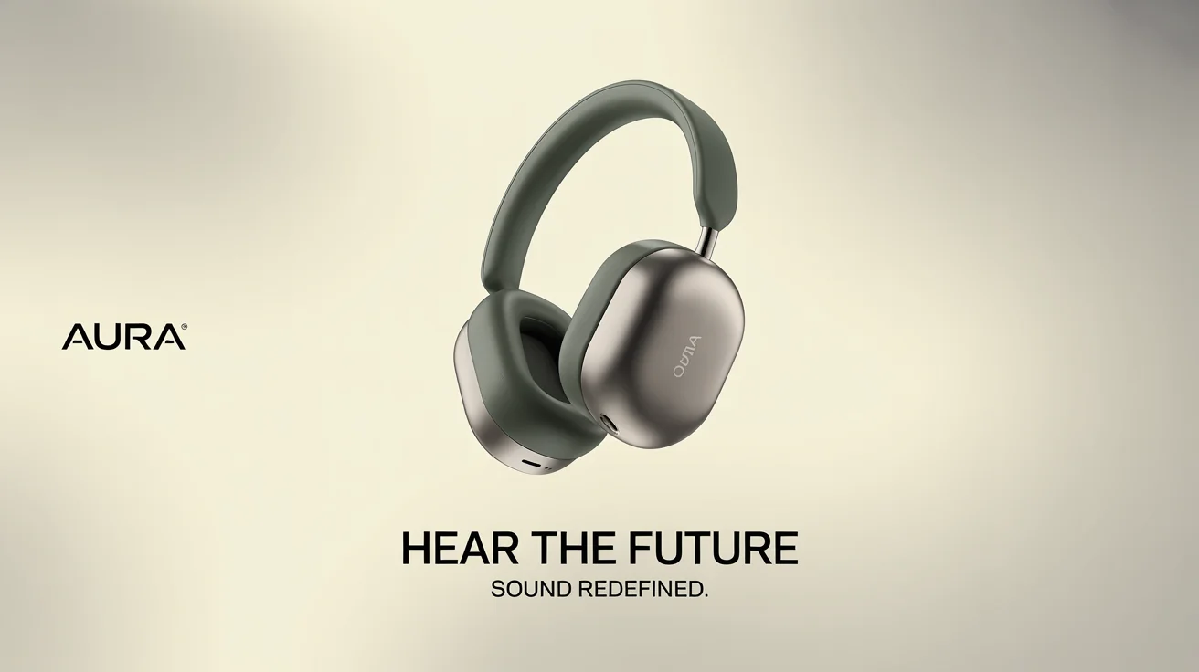 A professional product ad for AURA wireless headphones, with the headline 'Hear the Future' against a clean white background.