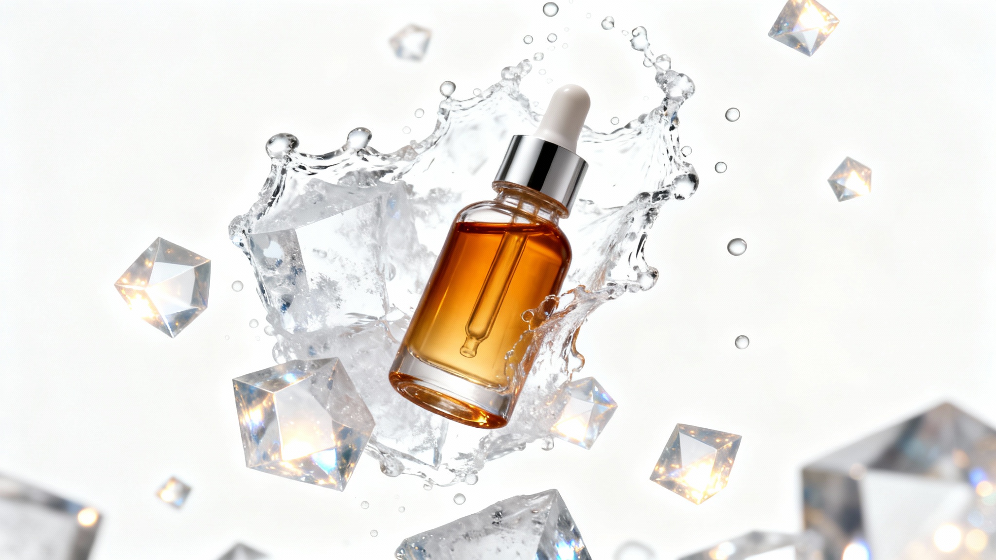 A photorealistic product ad for a facial serum, featuring a sleek bottle suspended amidst a frozen splash of water against a white background, representing an AI-generated advertisement.
