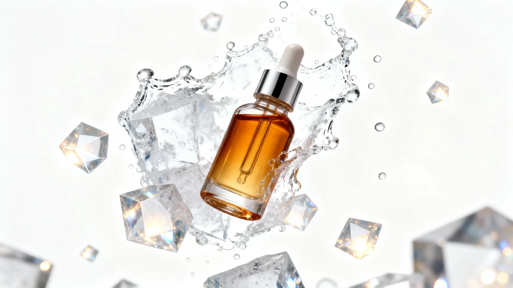 A photorealistic product ad for a facial serum, featuring a sleek bottle suspended amidst a frozen splash of water against a white background, representing an AI-generated advertisement.