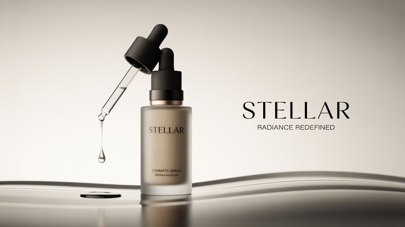A photorealistic product advertisement for a high-end cosmetic serum named 'Stellar', showing the bottle with its dropper against a clean white background.