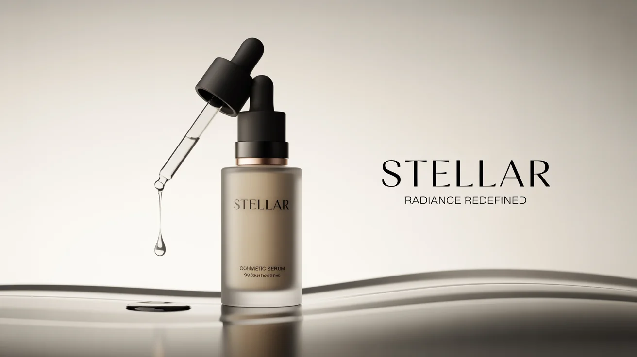 A photorealistic product advertisement for a high-end cosmetic serum named 'Stellar', showing the bottle with its dropper against a clean white background.