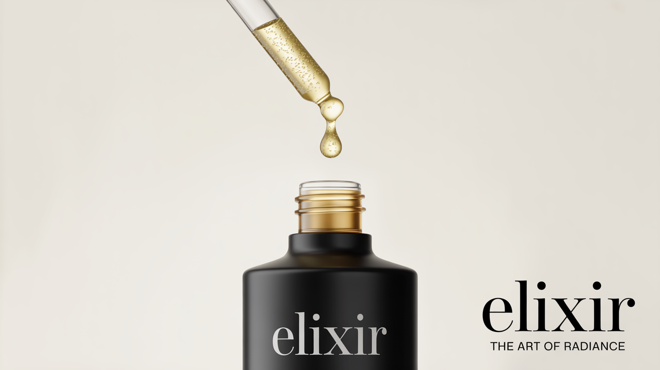 A professional product advertisement mockup showing a luxurious matte black cosmetic bottle with a gold cap against a stark white background. A single drop of golden serum is captured mid-air above the bottle, with the brand name 'ELIXIR' and tagline 'The Art of Radiance' in the corner.