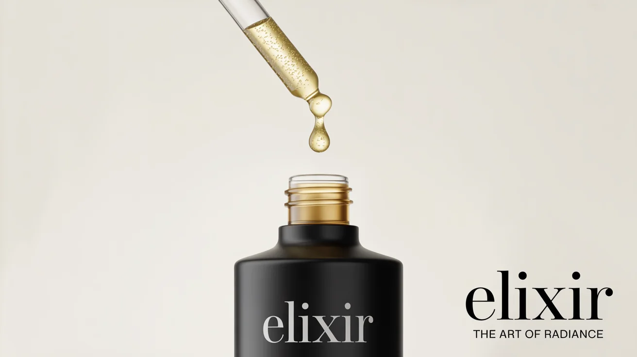 A professional product advertisement mockup showing a luxurious matte black cosmetic bottle with a gold cap against a stark white background. A single drop of golden serum is captured mid-air above the bottle, with the brand name 'ELIXIR' and tagline 'The Art of Radiance' in the corner.