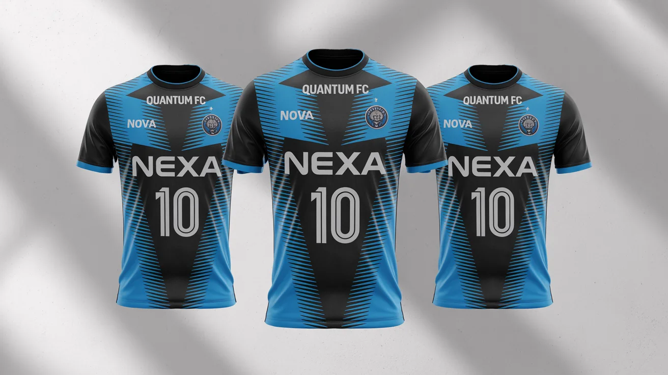 A set of three modern, custom-designed soccer jerseys for the fictional team 'Quantum FC', displayed in a professional product shot.