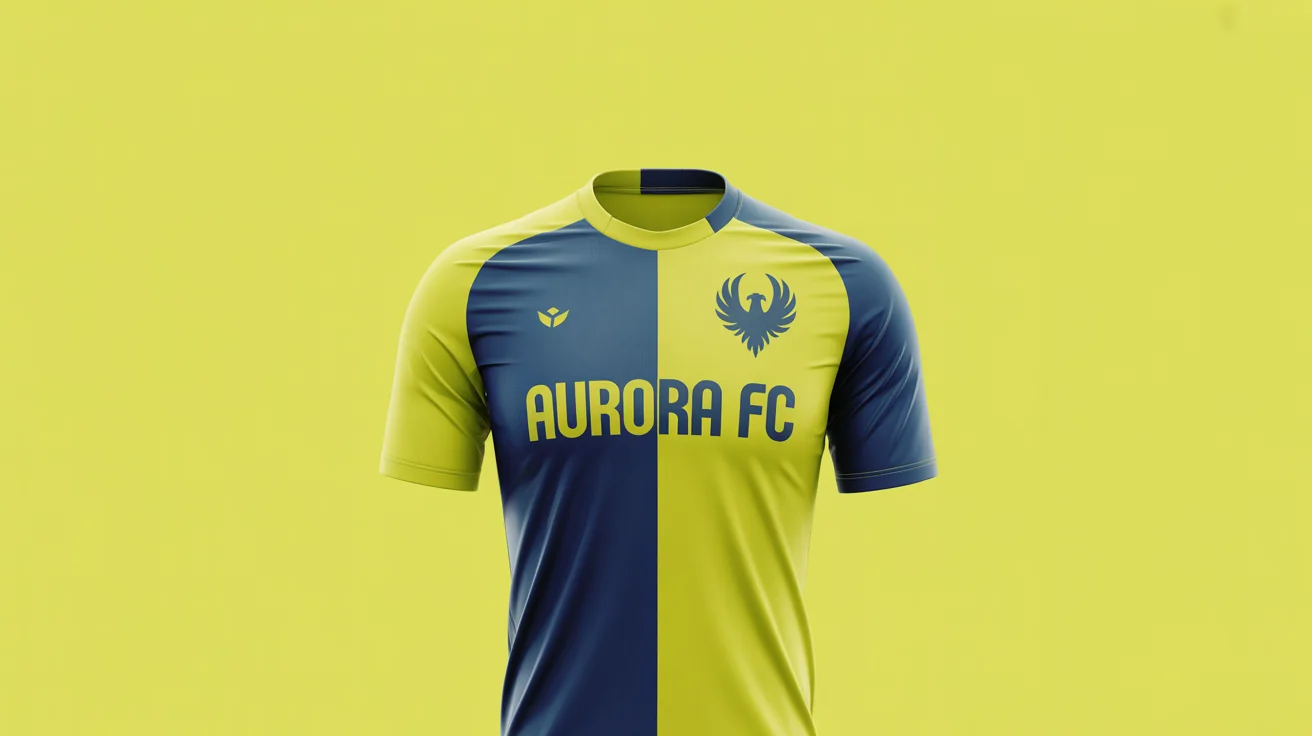 A professional mockup of a custom-designed soccer jersey in navy blue and yellow, featuring the team name 'AURORA FC' on a white background.