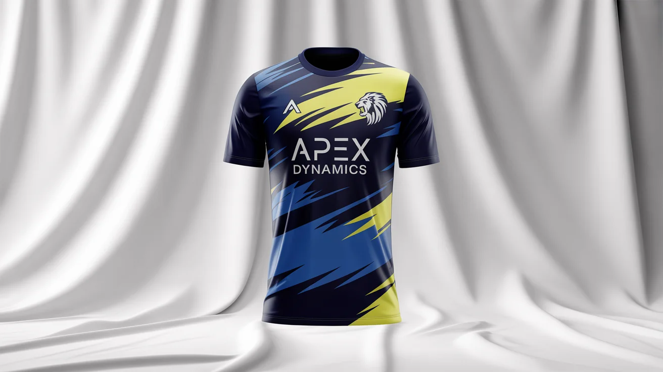 A photorealistic mockup of a custom navy blue soccer jersey with yellow and white accents, featuring a lion crest and the sponsor name 'APEX DYNAMICS', against a white background.