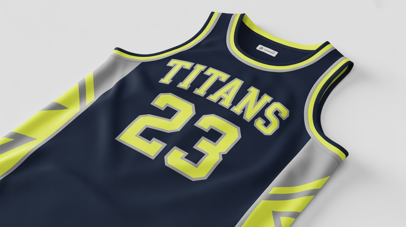 A photorealistic mockup of a custom navy blue basketball jersey with 'TITANS' and the number '23' in yellow and silver, laid flat on a white background.