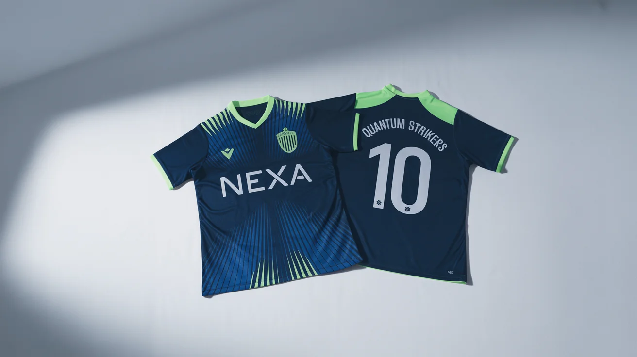 A professional mockup of a custom navy blue soccer jersey with electric blue and neon green geometric patterns, featuring the fictional team name 'Quantum Strikers' and the number '10'.